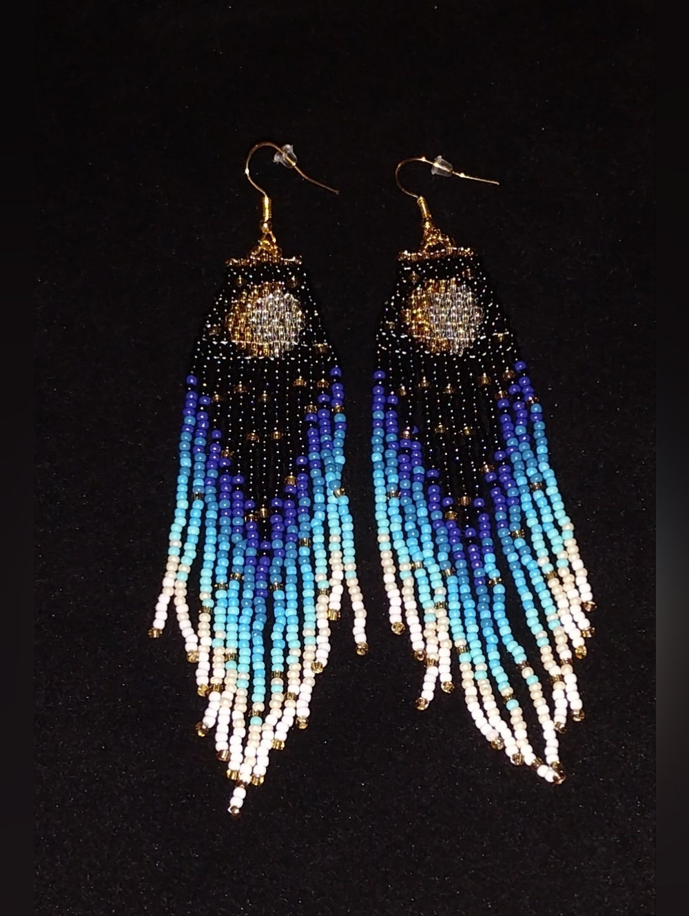 Crescent Moon Bohemian Boho Black Blue Gold White Beaded Bead Tassel Earrings